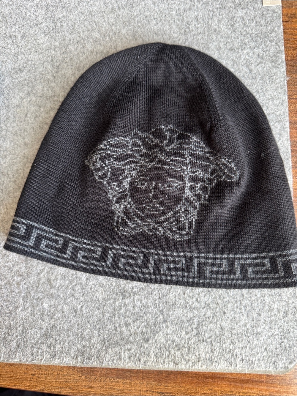 Versace Black and Gray Knit Beanie with Greek Key